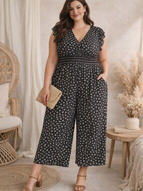 Max Studio London Floral Jumpsuit 2X | Black Boho Wide Leg Romper Plus Size